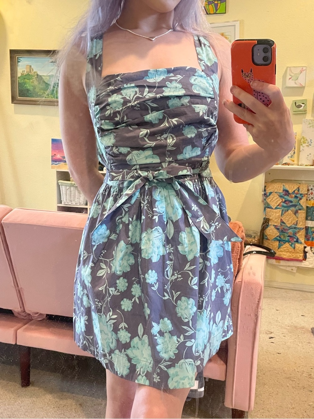 Free People Gray Mini Dress with Mint Floral Print